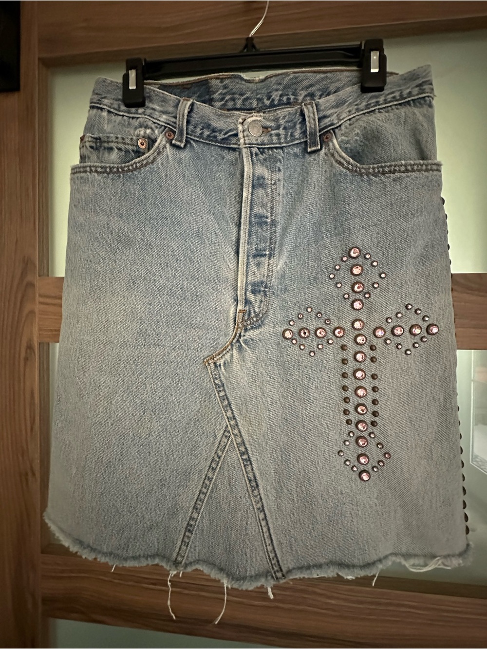 Vintage Streets Ahead Denim Skirt with Cross Stunning Crystals and Studs